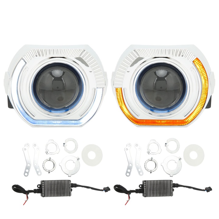 LED проектор с Angel Eyes, 12V, бяло-жълти светлини, H1 H4 H7 HB3 HB4 D1 лещи