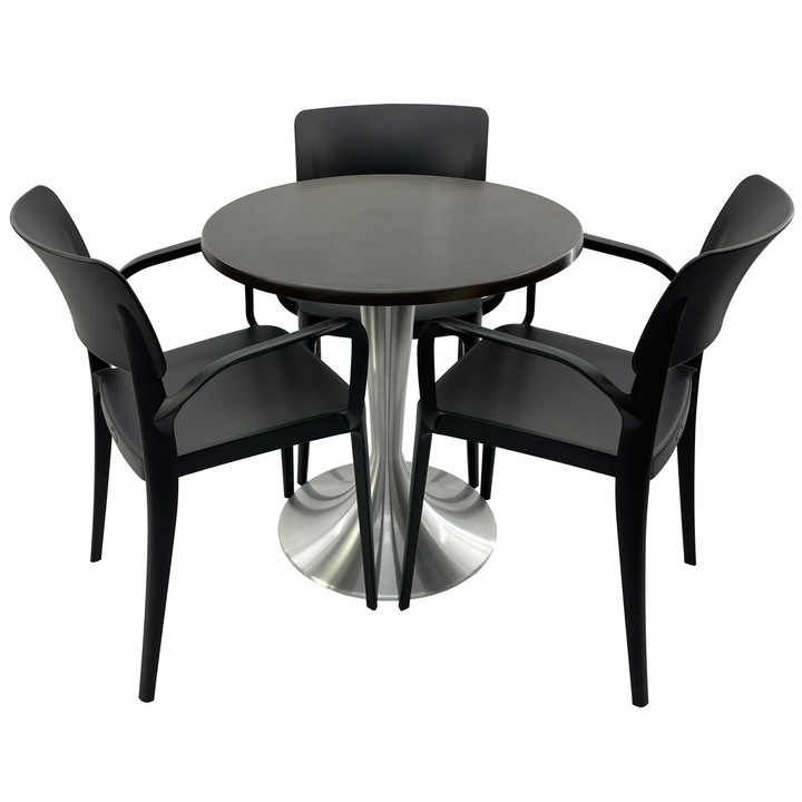 Set mobila terasa/restaurant RAKI, masa rotunda D70cm cu blat Werzalit New Wenge si baza din aluminiu, 3 scaune cu brate Panora negre 54, 5x51xh81, 9cm din plastic
