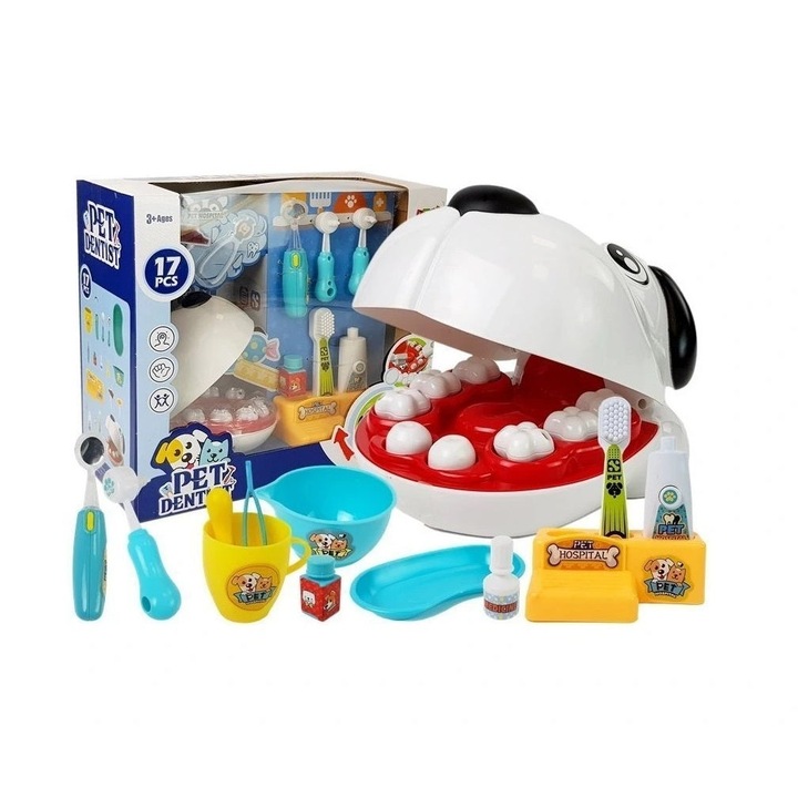 Set de Joaca Dentistul de Catei, pentru Copii de 3 ani+, cu 17 piese, 34x31x16cm, Multicolor