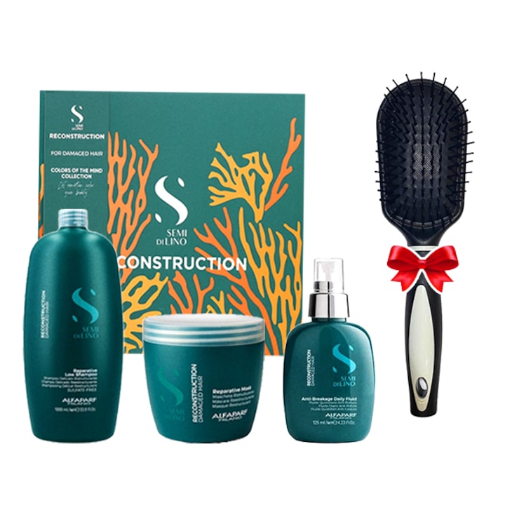 Топ 10 Шампоани И Комплекти за Възстановяване на Суха и Увредена Коса Комплект за възстановяване на Alfaparf Semi Di Lino с 1000 мл шампоан, 500 мл маска, 125 мл възстановяващ флуид, четка за коса
