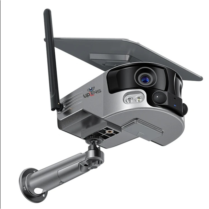 Camera de Supraveghere UpLens 4K cu Panou Solar Inclus, Conexiune Cartela SIM 4G, Lentile Duale, Night Vision Color, Panorama 180°, Microfon Incorporat, Baterie 18000 mAh, Alarma miscare, Supravegheaza Panoramica