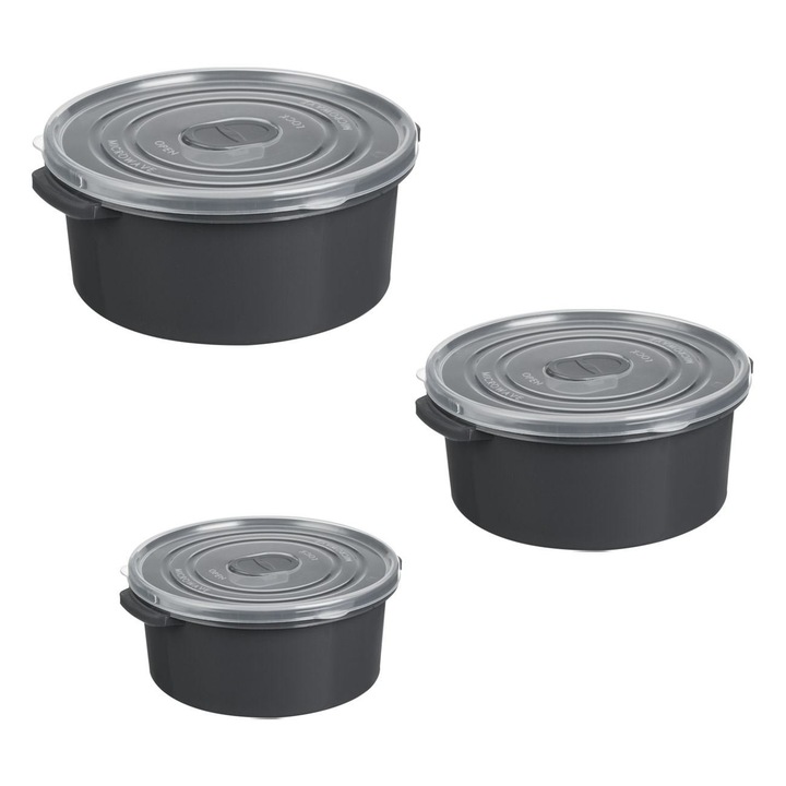 Kerek serpenyő készlet, 3 részes, szelepes fedél, űrtartalom 500/1000/2000 ml, szürke, mikrohullámú sütőben használható