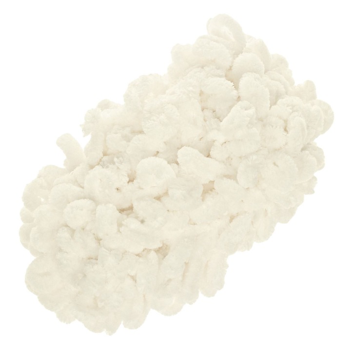 Kötőfonal, bolyhos, fehér bársony, poliészter, hossza 9 m, súlya 100 g