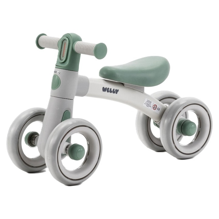 Bicicleta de echilibru cu 4 roti Adamex Welly, cu 3 moduri de iluminare LED in ghidon, testata EN71, Grey Mint