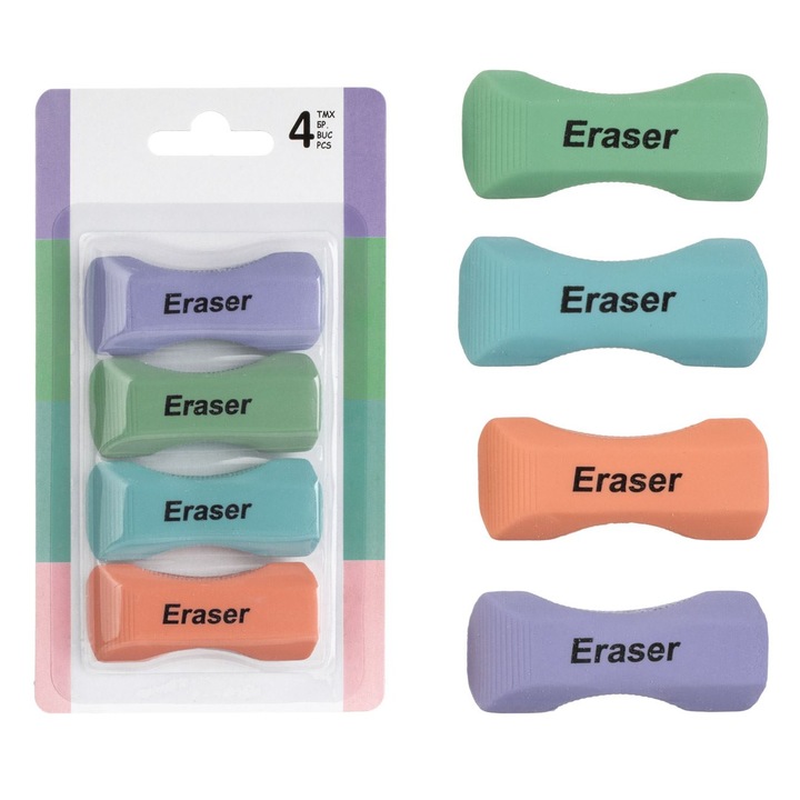 Radiera Set, 4 Bucati, Multicolor, Cu Maner