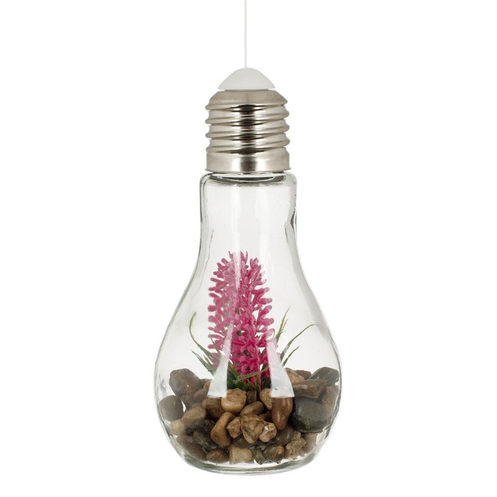 Bec Decorativ din Sticla Transparent cu LED Pietre Fucsia Flori Ø11x19cm