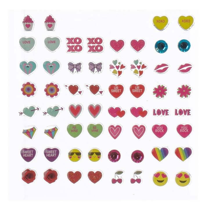 Cercei autocolanti inimi multicolori pentru copii, set 30 de perechi, plastic