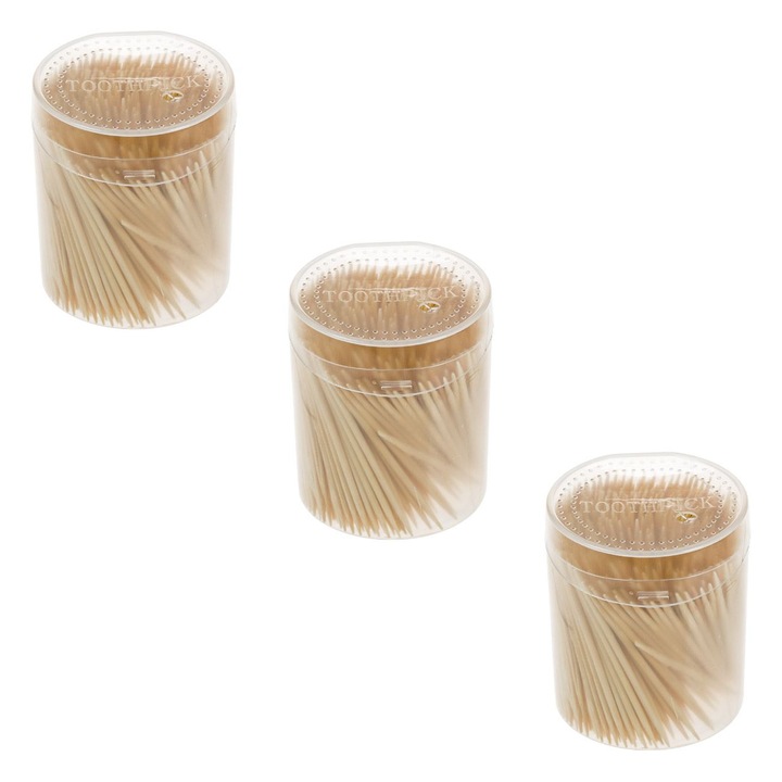 Set scobitori din bambus in recipient din plastic - 3x400buc