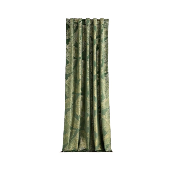 SB-Draperie cu prindere de bara, catifelata, imprimeu cu frunze auriii, opaca, blackout, pentru intunecarea camerei, protectie termica si lumina, eleganta, perfecta pentru ferestre si usi dormitor/ living, 145 x 247 cm, Verde cu auriu