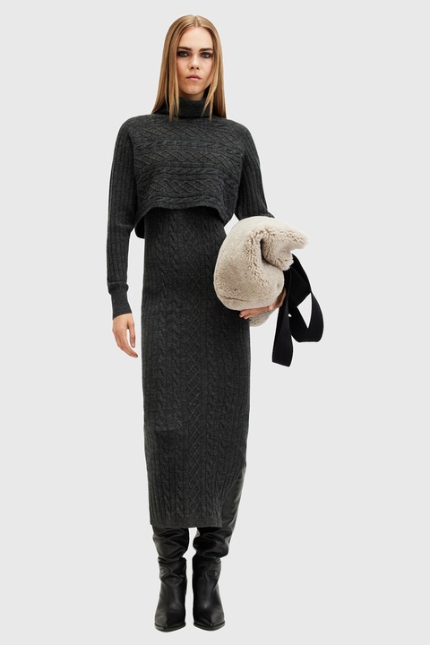 AllSaints, Muriel 2-in-1 dizájnú szűkített fazonú kötött midiruha, Melange sötétszürke, XS