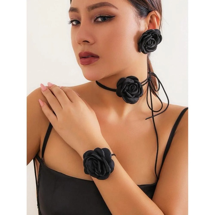 Set colier choker, bratara si cercei, negru, cu flori, Jouko C19