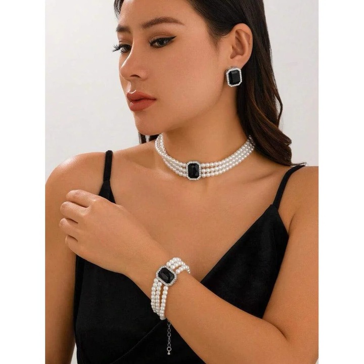 Set colier, cercei, bratara, argintiu, cu perle si pietre negre, Kalevi C19