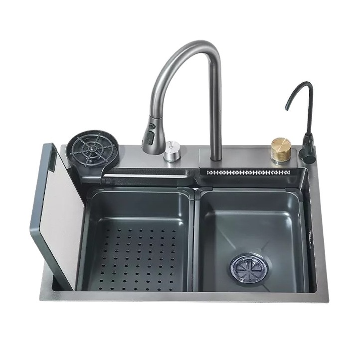 Chiuveta Multifunctionala BisDesign® pentru Bucatarie, Toate Accesoriile Incluse, Dus Extractabil, Tocator ABS, Spalator Pahare, Material Antiaderent, Functie Cascada, Finisaj Gri Grafit, Dimensiune 60x45 cm