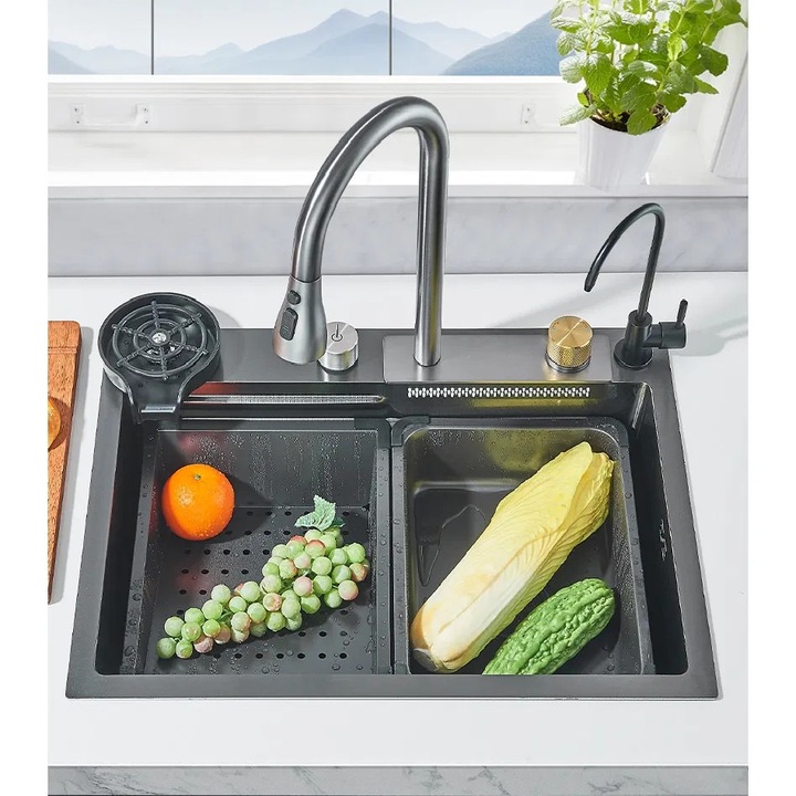 Chiuveta Multifunctionala BisDesign® pentru Bucatarie, Toate Accesoriile Incluse, Dus Extractabil, Tocator ABS, Spalator Pahare, Material Antiaderent, Functie Cascada, Finisaj Gri Grafit, Dimensiune 60x45 cm