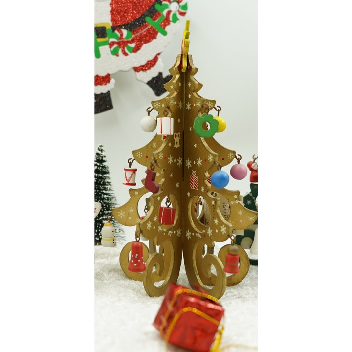 Decoratiune Craciun, Brad, Auriu, 6 cavitati cu ornamente, 12 cm x 20 cm, Lemn, Southern Sky