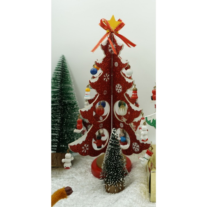 Decoratiune Craciun, Brad, Rosu/Alb, 8 cavitati cu ornamente, 18.5 cm x 33 cm, Lemn, Southern Sky - calitate superioara