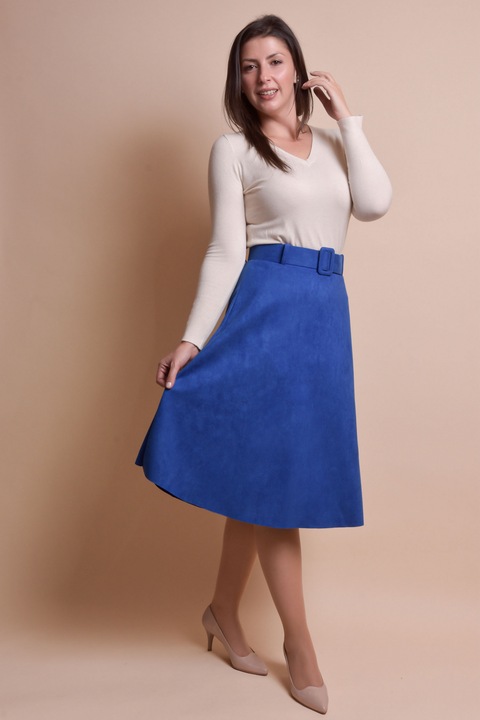 Fusta clos magenta cu centura in talie, Albastru