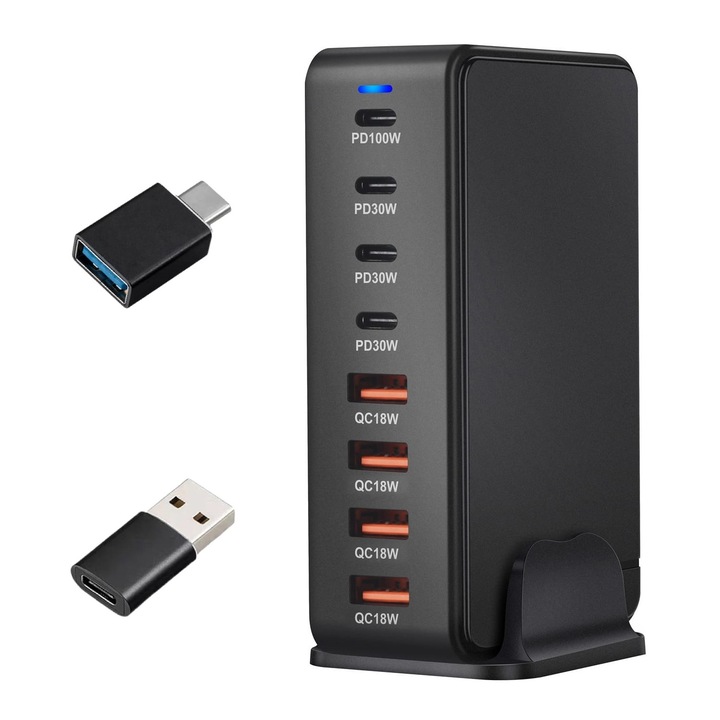 Hordozható töltő / Gyorstöltő állomás 240 W GaN 8 Port QC2.0, QC3.0, PD, PD 3.0 Gyorstöltés USB Type-C + 2 adapter