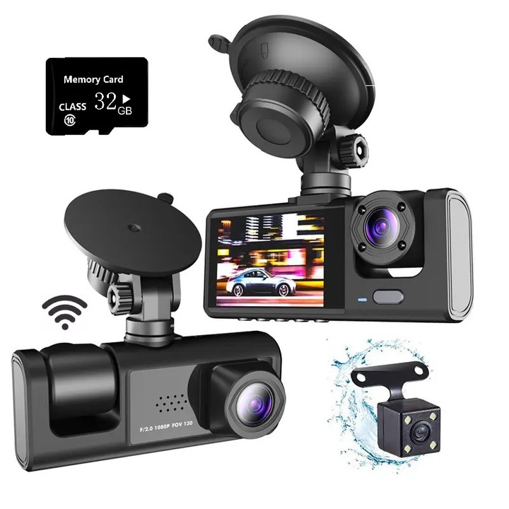 DVR камера за кола, 3-в-1, Със 170° ултраширок ъгъл, 1080P резолюция и 2.0" IPS екран, Нощно виждане, G-сензор, Откриване на движение, 32 GB microSD карта памет е включена