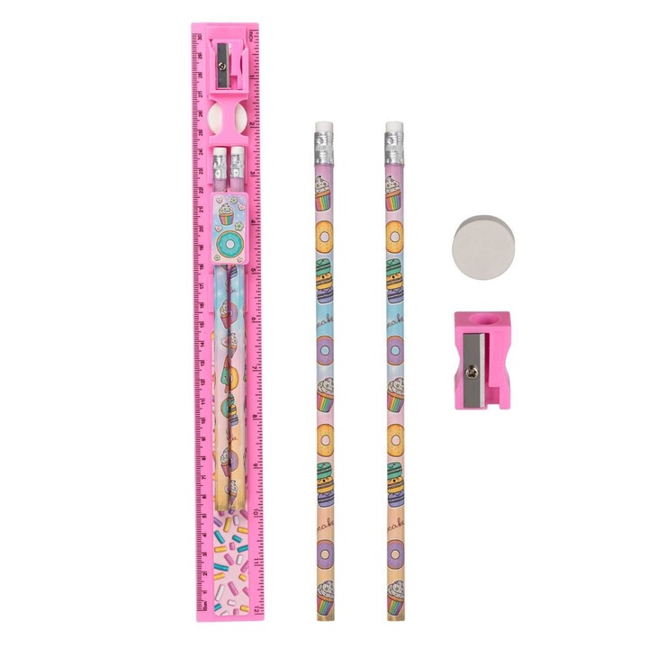 Училищен комплект с розова линийка къпкейк поничка - 5 части