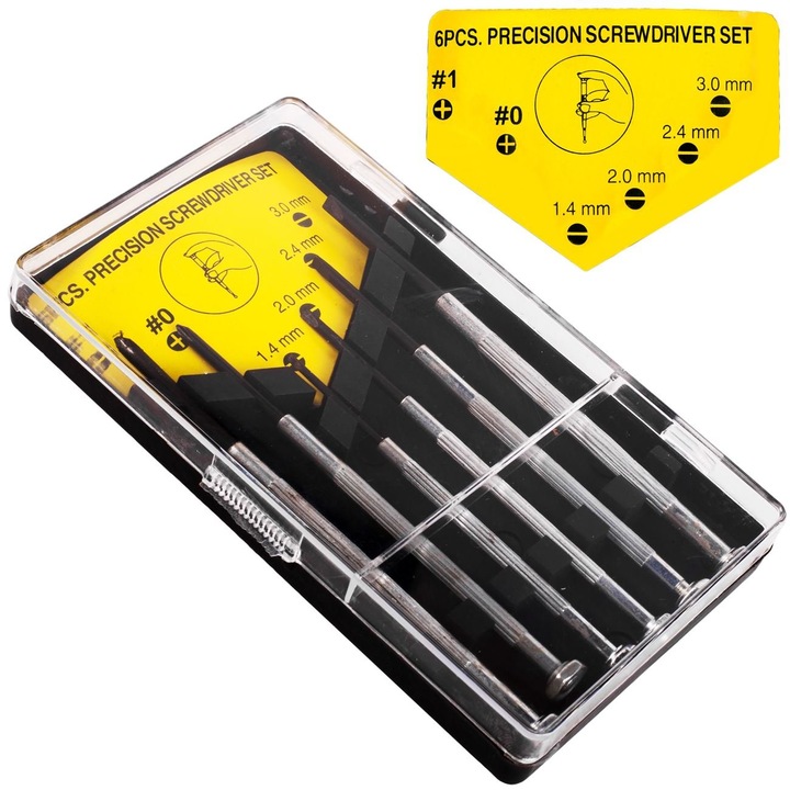 Precíziós csavarhúzó készlet, 6 darab, fekete nyél, műanyag szállítódoboz, MYONNA IT & E-COMMERCE ®