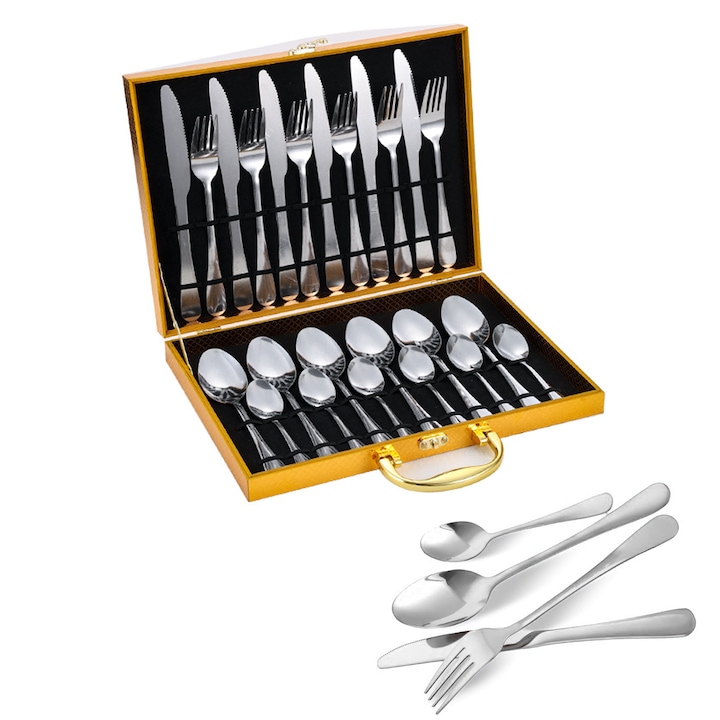 Set tacamuri din inox 24 piese, pentru 6 persoane, Cu cutie de depozitare a tacamurilor, 6 x cutite, 6 x linguri, 6 x furculite, 6 x lingurite, Argint