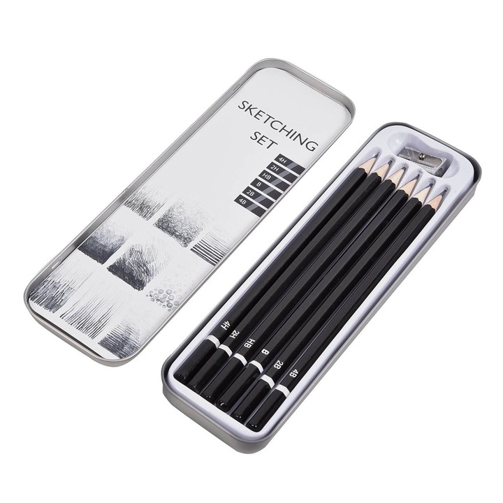 Комплект моливи и острилка за скициране, 7 части, металик, 21x1,5x6,5 см