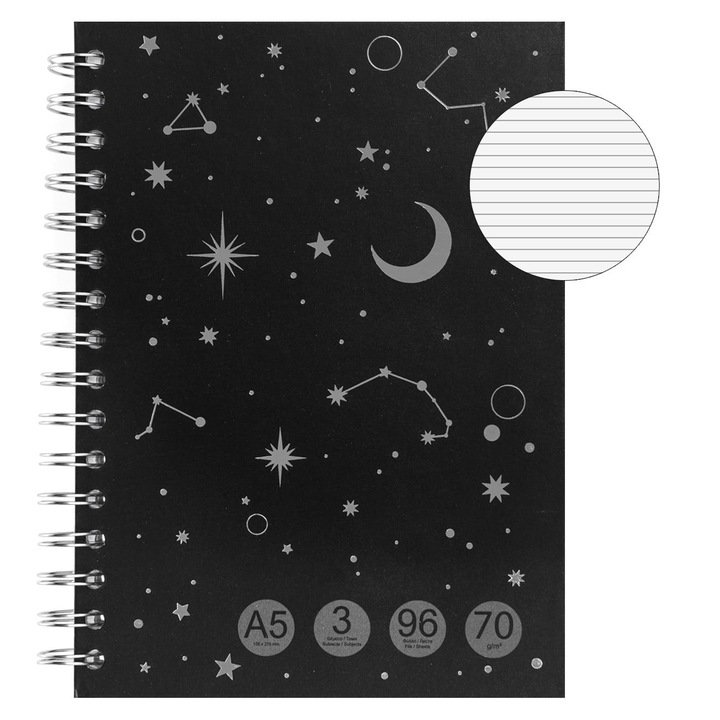 Notebook A5, Modell csillagképek, 3 tárgy, 96 lap, kemény borítós, spirál, fekete