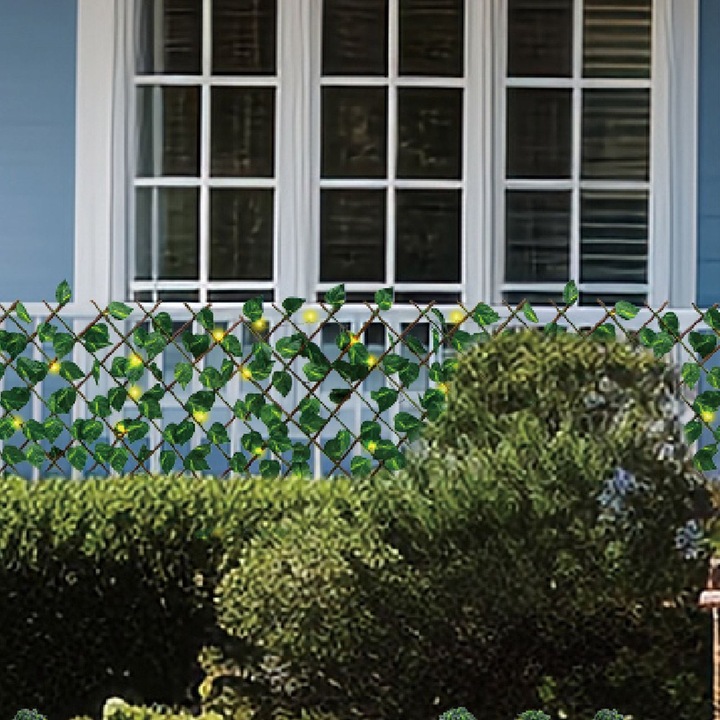 Paravan Lemn, Iluminat Solar, Frunze Verzi, 8 Functii, LED Alb Cald, 170x90 cm