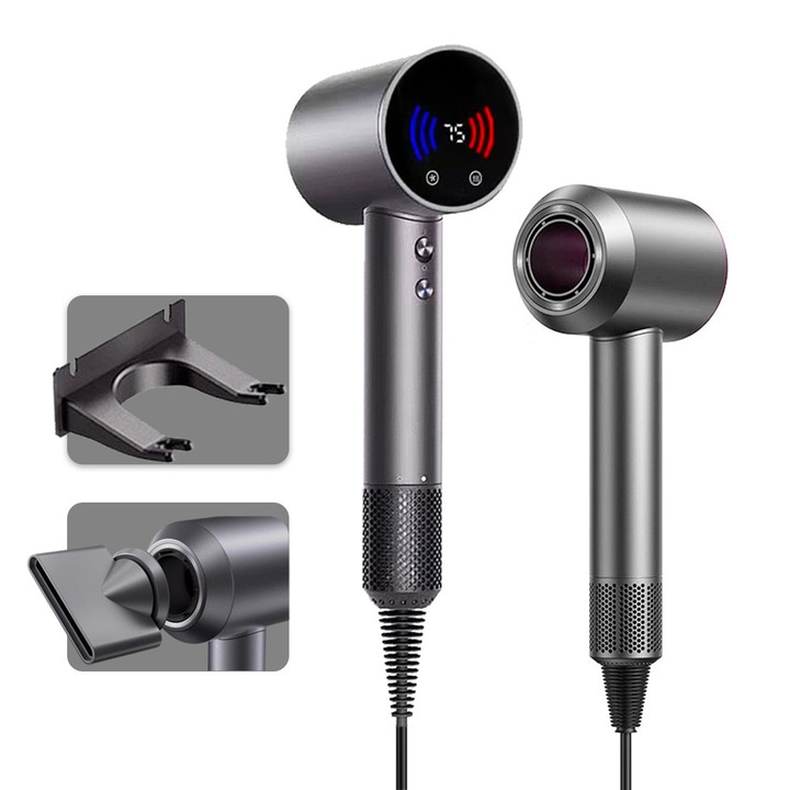 Сешоар, KUIIYER, 1600W, 11000RPM безчетков мотор с отрицателни йони, 3 скорости, 4 температури, LED дисплей, сив
