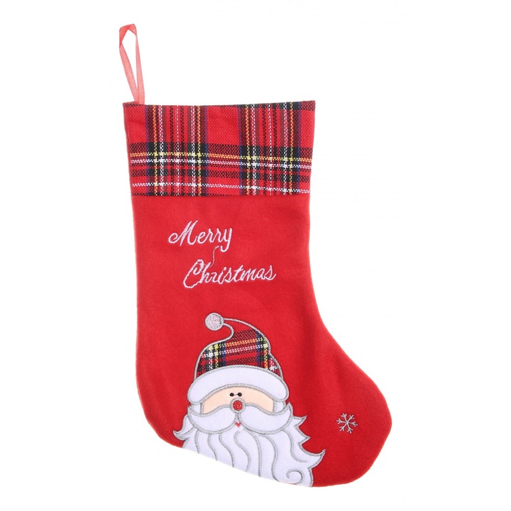 Ciorap Cadouri, culoare rosie, imprimeu Mos Craciun, marimea 15x30 cm