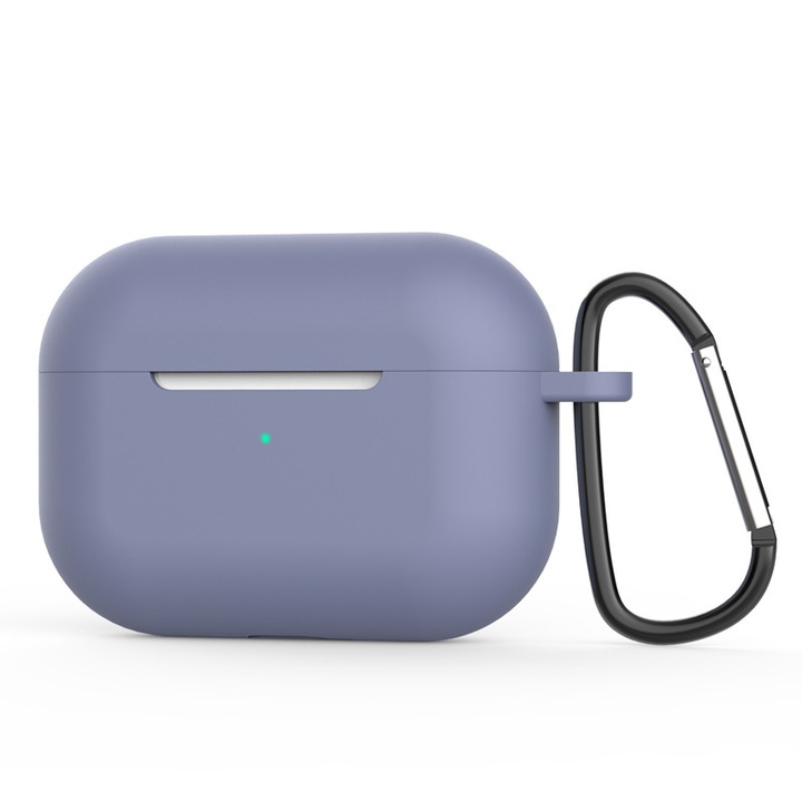 Husa Silicon Protectie pentru Apple AirPods Pro 1 / Pro 2, din Silicon Moale, cu Breloc Carabin, Gri Lavanda