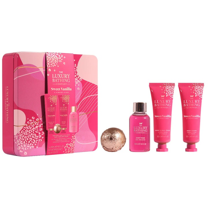 Set Cadou Relax & Unwind, Sweet Vanilla & Almond Glaze, Crema Maini si Unghii, Crema Corp, Gel de Dus, Bila de Baie, Cutie Metalica cu Print si Capac, The Luxury Bathing Company, 4 articole