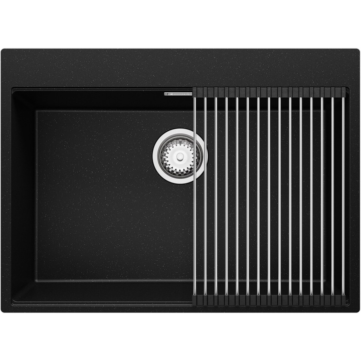 Chiuveta de bucatarie din granit 68x50cm, Chiuveta 1 Cuva + Sifon + Suprafata de scurgere rulabila, Pentru dulap de 70cm, Oslo Top Primagran Negru Metalizat