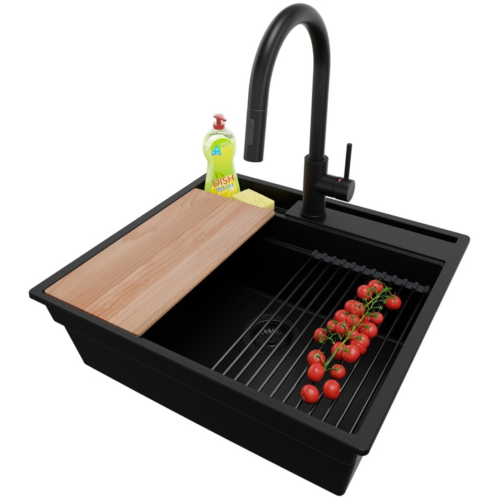 Chiuveta de bucatarie din granit 58x53cm, Chiuveta 1 Cuva + Sifon + Set 9010, Pentru dulap de 60cm, Oslo Pocket Multilevel Left Primagran Complet Negru