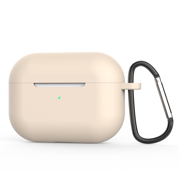 Husa Silicon Protectie pentru Apple AirPods Pro 1 / Pro 2, din Silicon Moale, cu Breloc Carabin, Bej