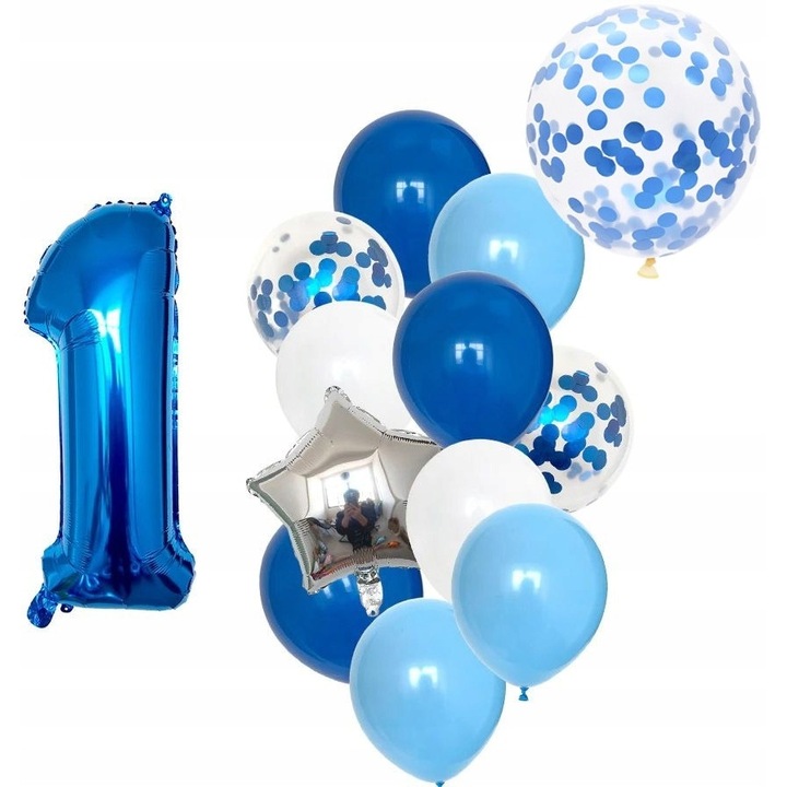 Set Baloane Nr. 1 Macvi® 12 BUC, Alb si Albastru, Ideal pentru Zile Onomastice si Aniversari