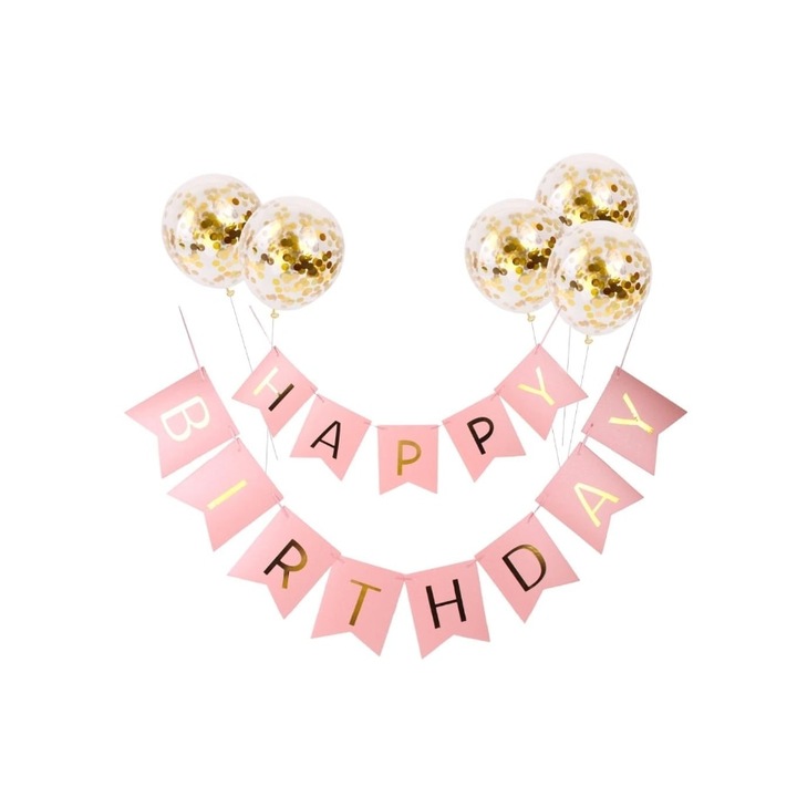 Set 5 Baloane Confetti Aurii Macvi® + Banner Happy Birthday Roz pentru Petreceri