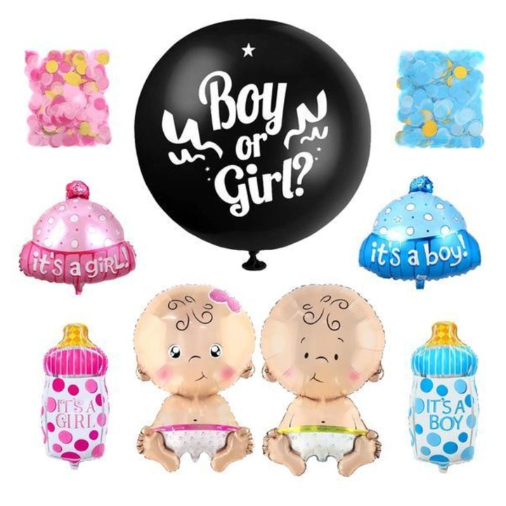 Set 7 Baloane Gender Reveal Macvi® cu Mesaj si Design Tematic