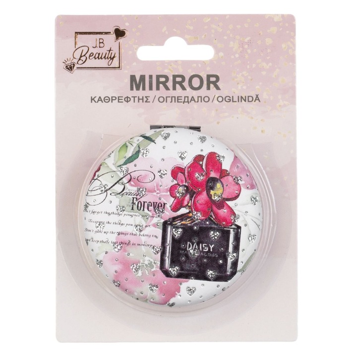 Oglinda Buzunar JB Beauty, Multicolor, 7cm, Dubla Fata, Model Inimi si Parfum