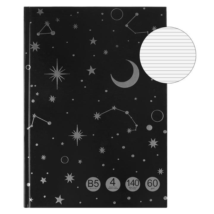 B5-ös méretű diktáló jegyzetfüzet 4 témával, fekete borítóval és ezüst fólia csillagokkal - 140f