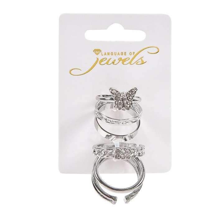 Set Inele Femei, Model Fluturi, Culoare Argintiu, 6 Bucati