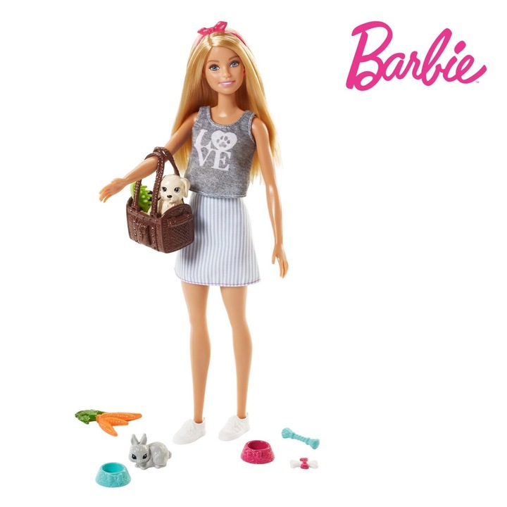 Кукла Mattel Barbie, с куче, бяла кожа, рокля на райета, аксесоари