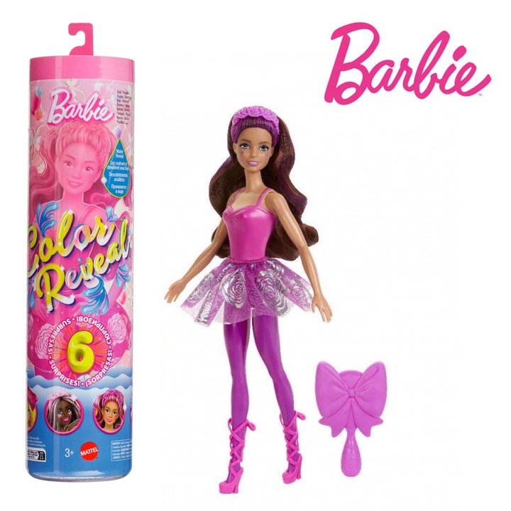 Кукла балерина, Mattel, Barbie Color Reveal, Multicolor, дълга коса, промяна на цвета на лицето