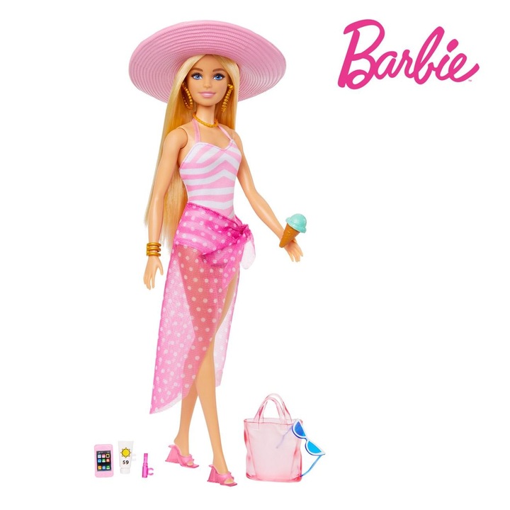 Кукла, Mattel Barbie Beach Glam, руса коса, розов бански костюм, плажни аксесоари