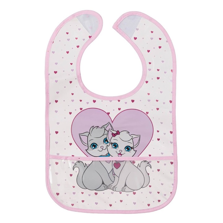 Baveta cu buzunar colector transparenta inimi roz pisicute 23x35cm