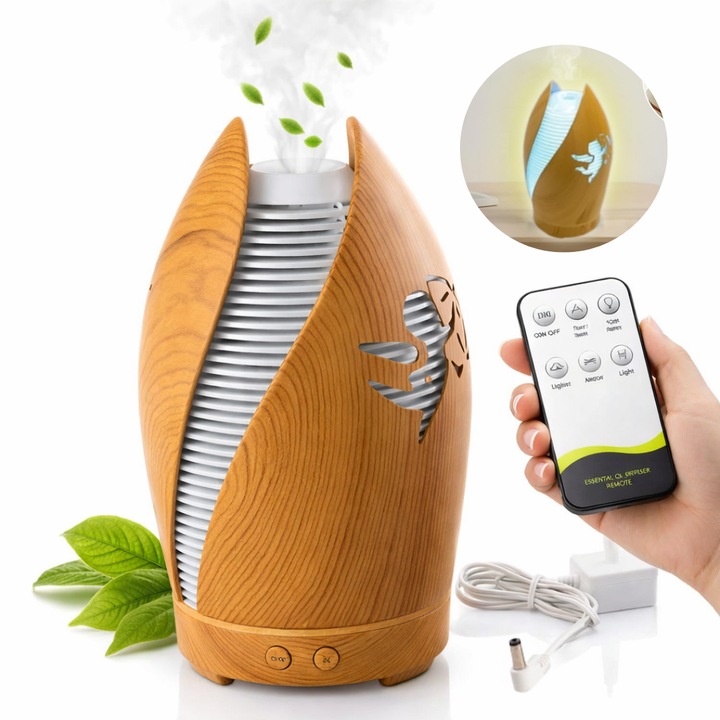 Umidificator Bedee, model lemn închis, 500ml, LED 7 culori, 30dB, 16.5x16.5x15cm, maro