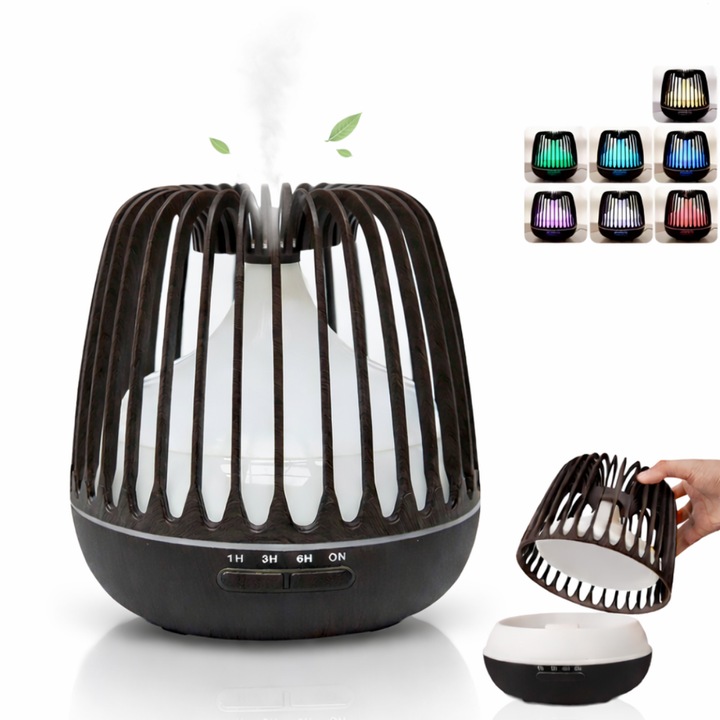 Difuzor Aromaterapie/Umidificator Macvi® cu Lampa 7 Culori, 500 ml, Temporizator 1h/3h/6h/ON, oprire automata, Culoare Negru