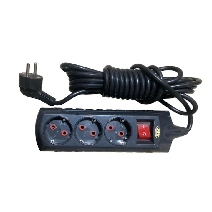 Разклонител, 250V, 16A, 3 гнезда, Индивидуален ключ, 5 метра