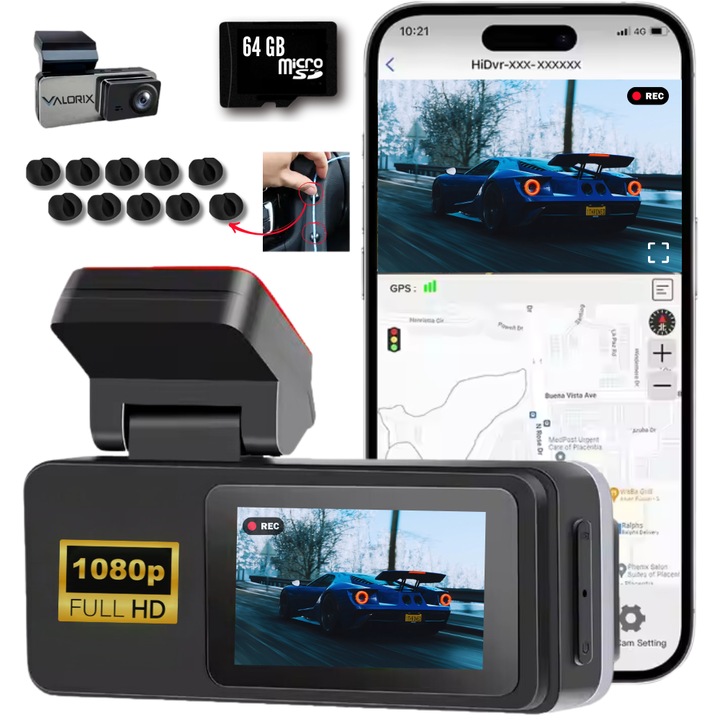 DVR камера за кола Valorix, Ултракомпактна, WiFi&App контрол, 1080P Full HD, Нощно виждане, 2" IPS екран, G-сензор, ACC окабеляване, Подобрена видимост, 160° ъгъл, 24-часово наблюдение на паркиране, SD карта 64 GB и 10 щипки за кабели, Черен